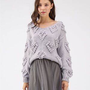 Chicwish Knit Your Love V-Neck Wool Heart Knit Sweater In Lavender NWOT